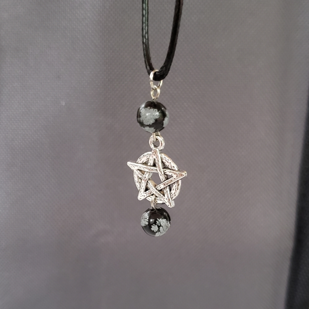 Silvertone Pentagram Necklace with Snow Beads